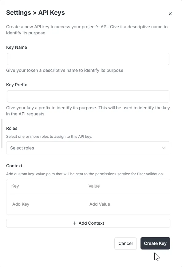 Create API Key configuration modal