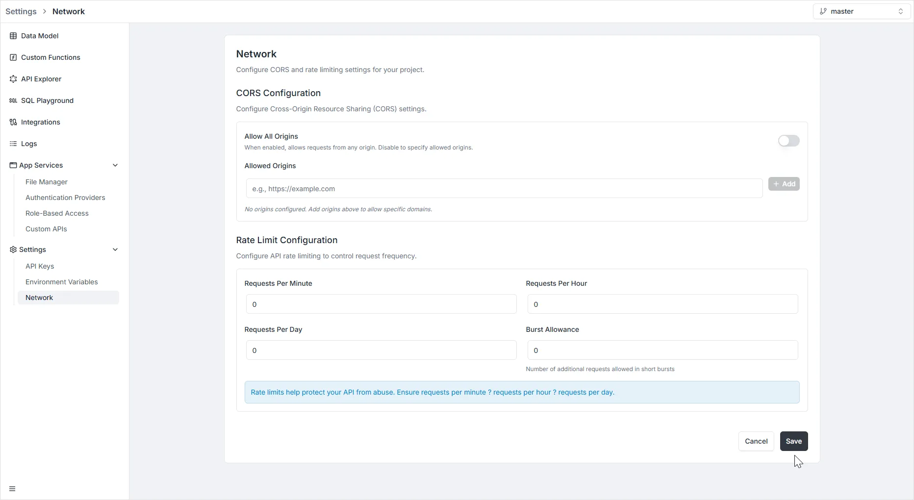 Network settings with CORS and rate limit configuration