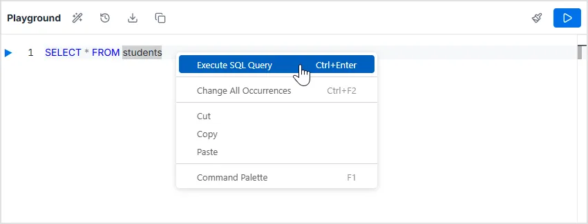SQL Playground: הרצה לפי שורה, לחיצה ימנית, Ctrl+Enter