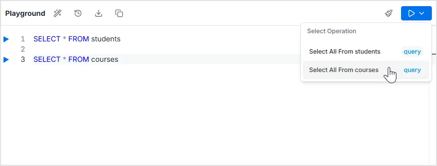 לוח Operations ב-SQL Playground עם Run והצעות