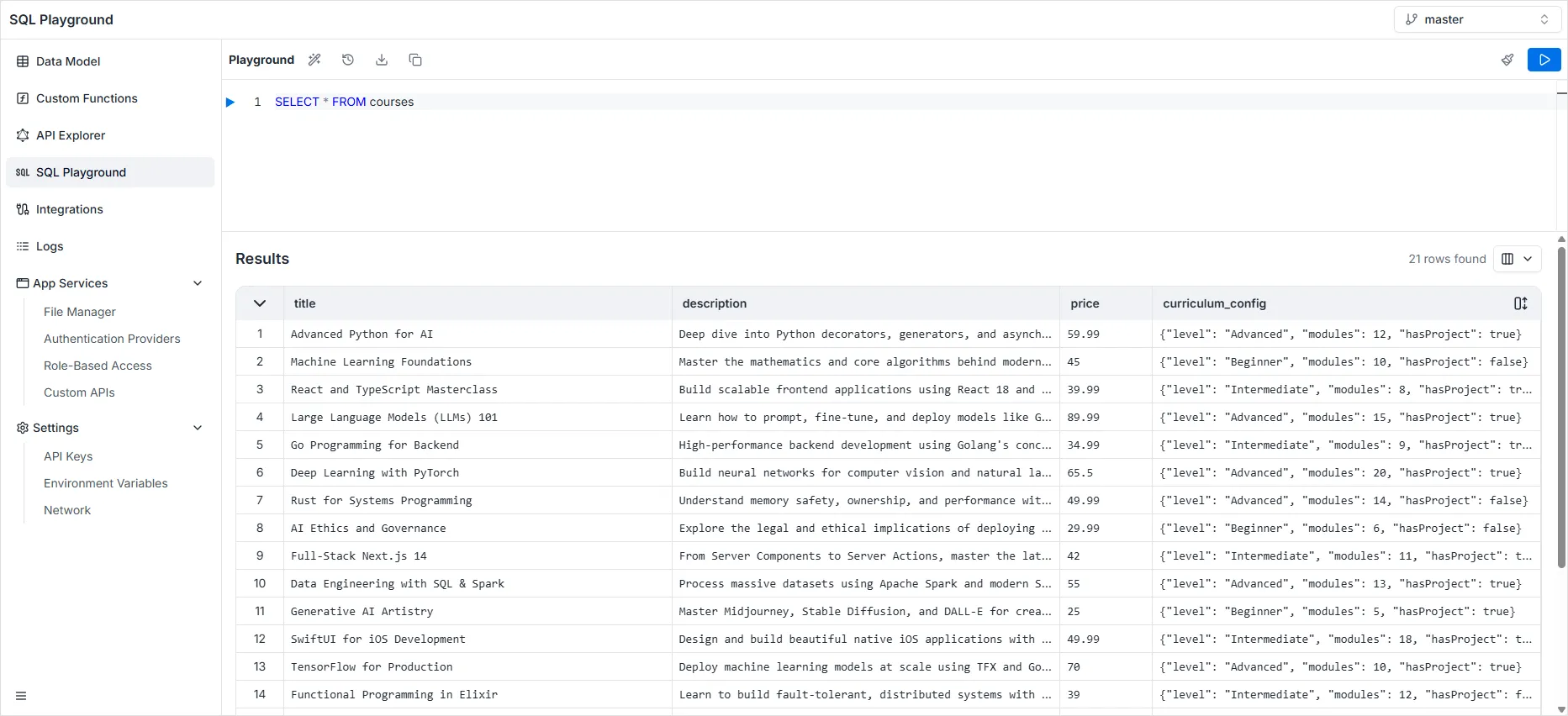 לוח תוצאות SQL Playground עם רשת ונראות עמודות